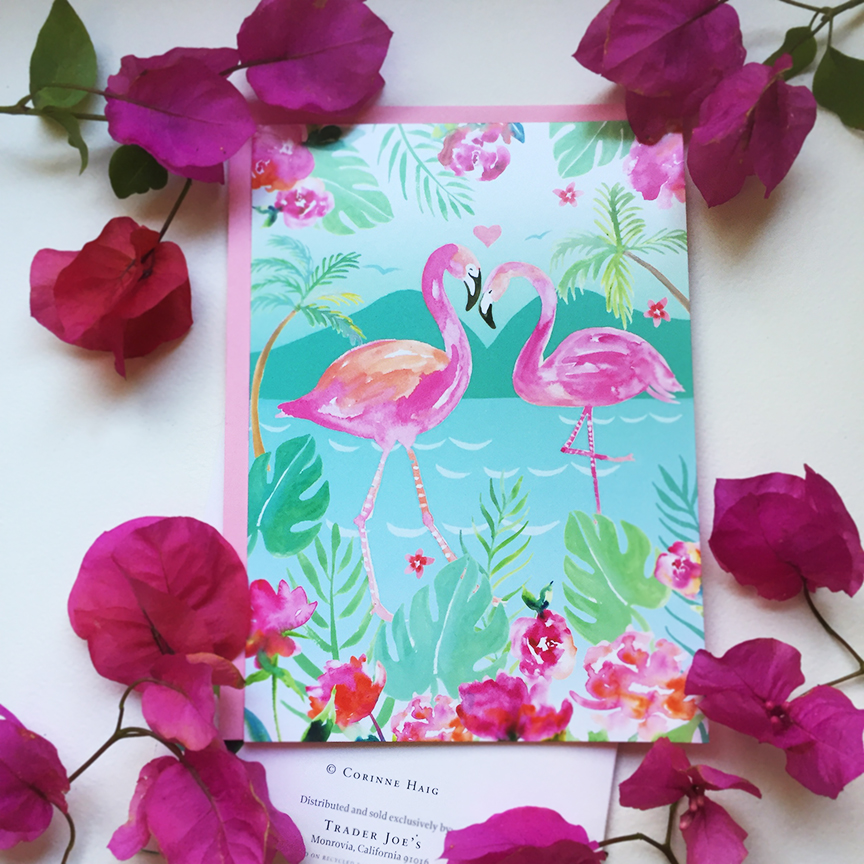 Flamingo Love greeting card for Trader Joe's designed by Corinne Haig