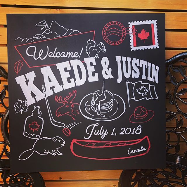 Happy Canada day and happy wedding to these cuties! Custom chalkboard welcome sign! #wedding #weddingdecor #torontoweddings #chalkboardart #yyzwedding #torontoweddings