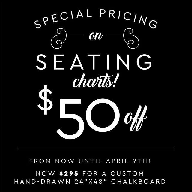 SALE ALERT! $50 off your seating chart if you order by April 9th! Get your CUSTOM, hand drawn chalkboard seating chart perfect for your wedding guests and decor - all for $295 (regularly $345). Holds up to 180 guests, first names and last initials. M