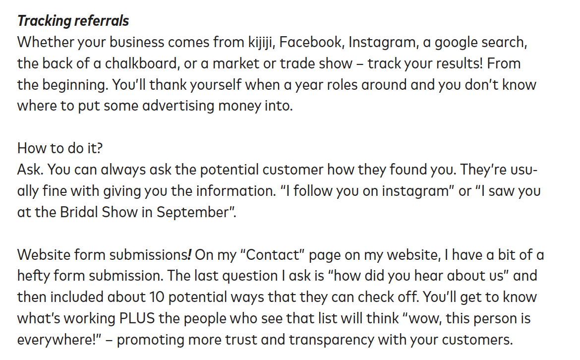 Excerpt from Chalkboard Art: How to Create a Successful Business with Chalk . from the section “Market Yourself” - Tracking Referrals