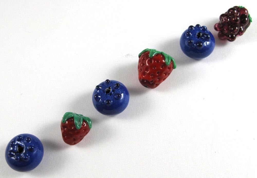 Set of Handmade Glass Berry Beads Including Blueberries