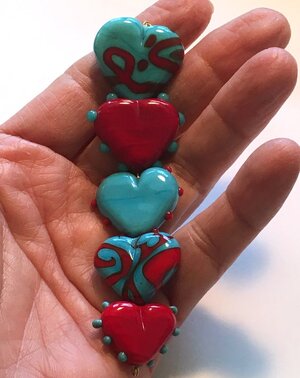 Five Turquoise and Red Hearts in this Set of Handmade Lampwork
