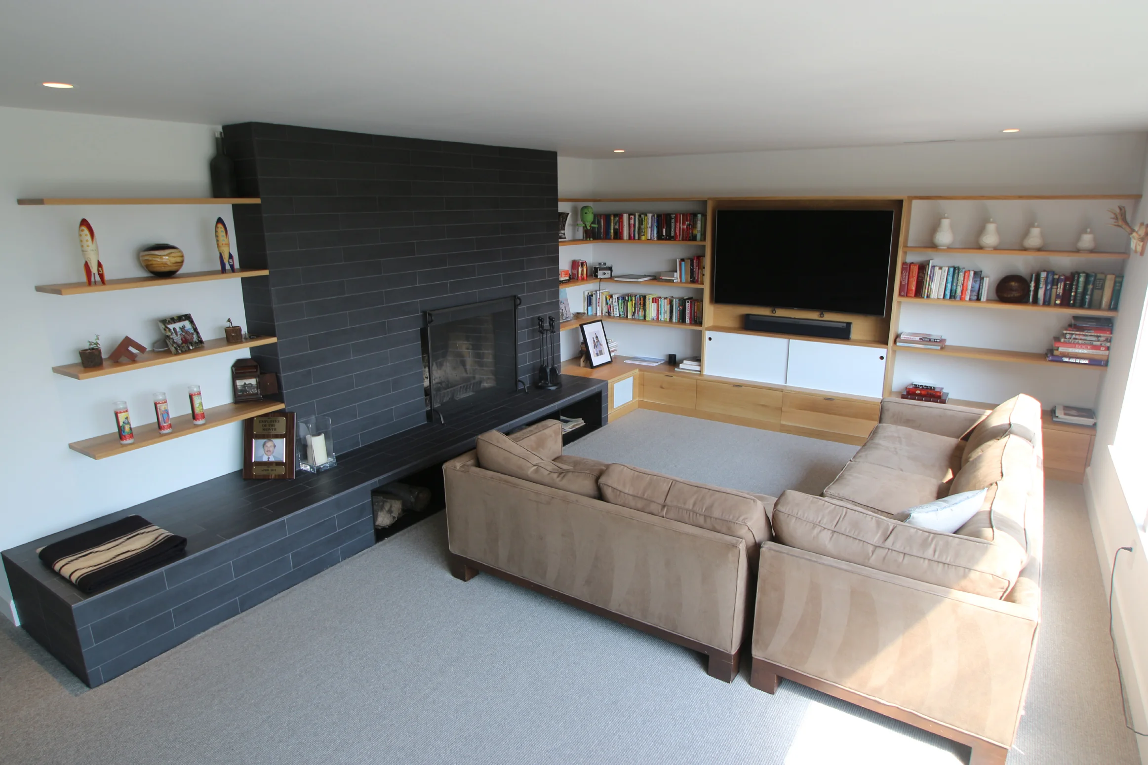   BROADWAY WALL UNIT   Solid white oak shelving unit with laminate doors and powder coated, perforated steel (hiding the subwoofer) 