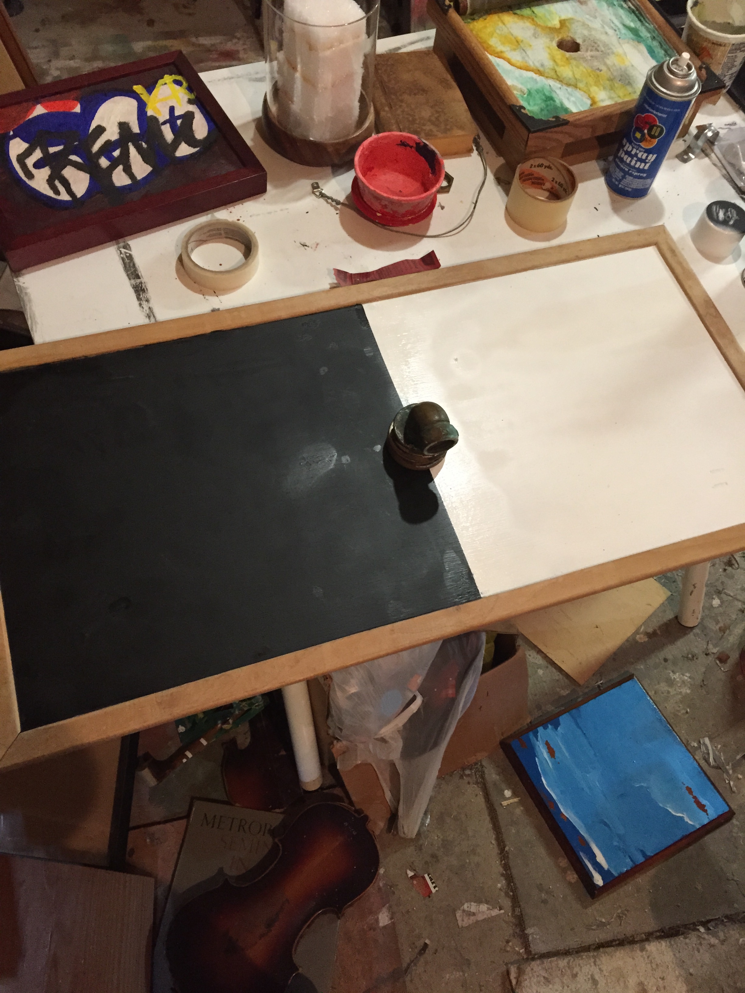 the first incarnation of black/white in action, with other works strewn about...