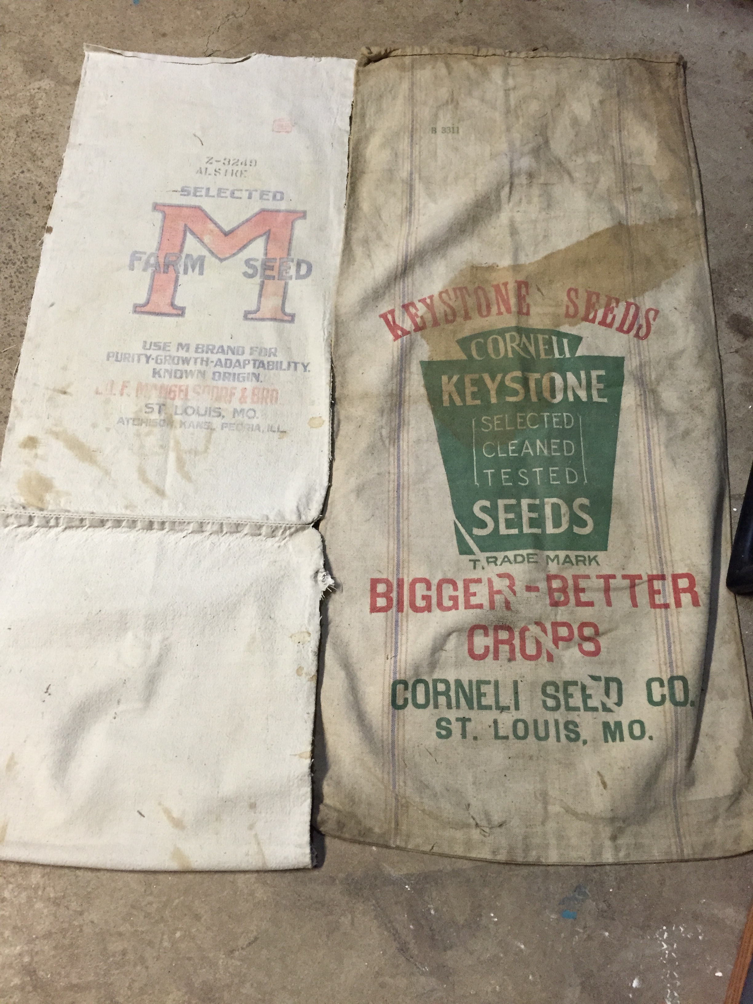 Prepping canvas sacks for sewing.
