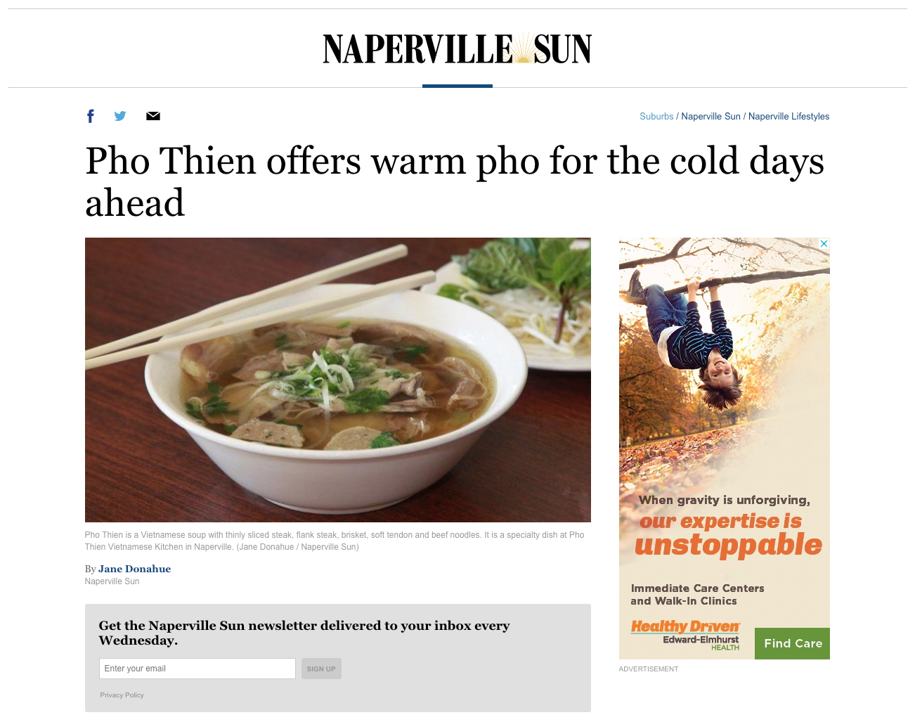 Thank you Jane Donahue and the Naperville Sun for the recent article! I hope people will think of us and our Pho on the cold winter days. Naperville Sun 11/26/18