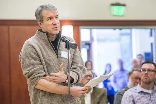 Speaking at a WVU Faculty Senate meeting