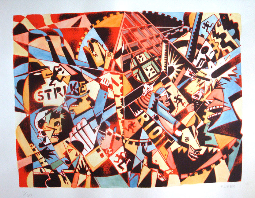   Peter Kuper    Riot , 1997  silk screen, watercolor on paper 