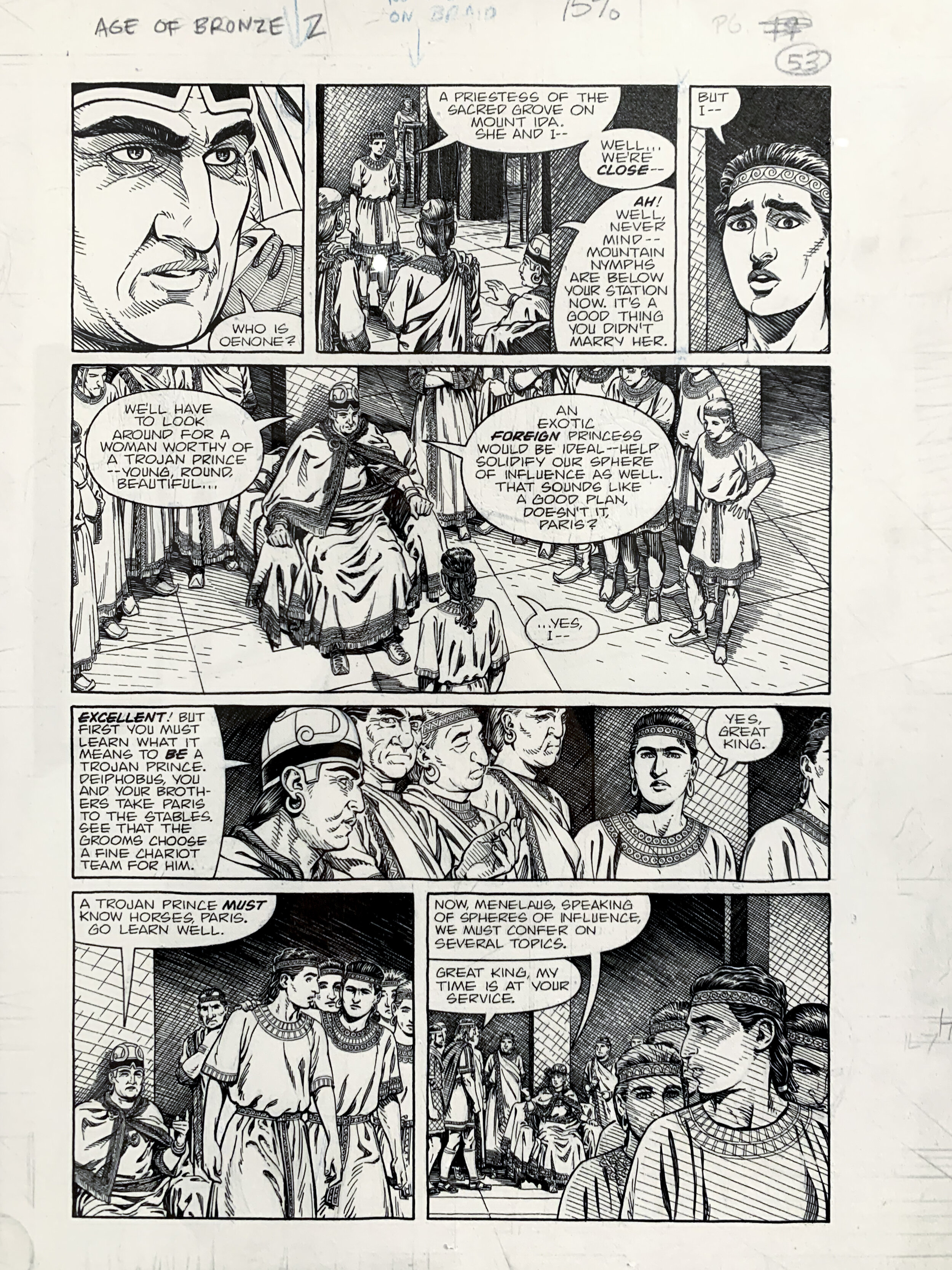   Eric Shanower     AGE OF BRONZE #2 (included in A THOUSAND SHIPS)   published by Image Comics, Jan 1999. pp 19, 1999  pen and india ink on Bristol board, notes in pencil 