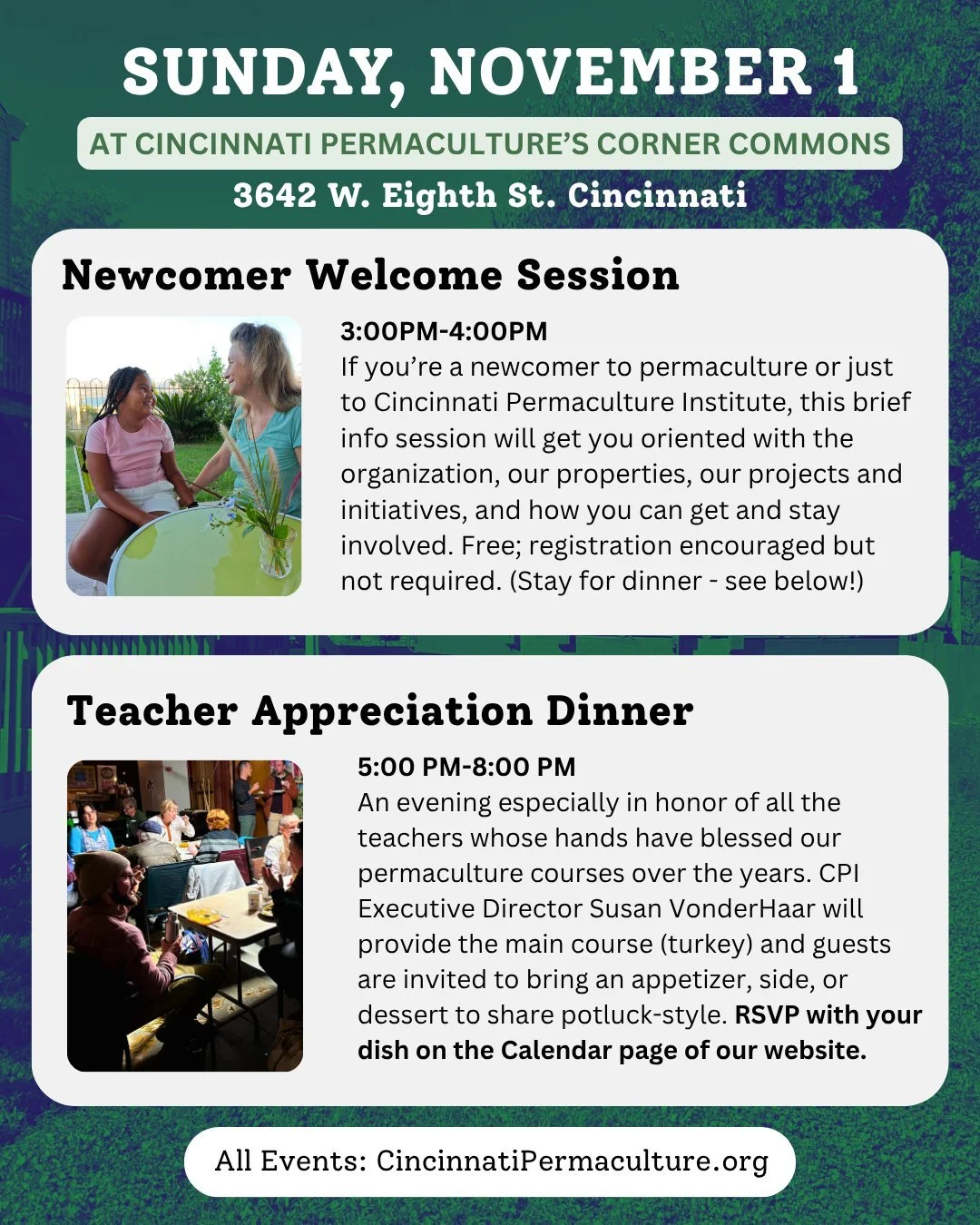 Join us on Sunday, November 1 for one or both of these gatherings at the Corner Commons! We're taking advantage of the short gap between the yearlong PDC sessions to welcome newcomers to CPI and extend our gratitude to our teachers. Check out the eve