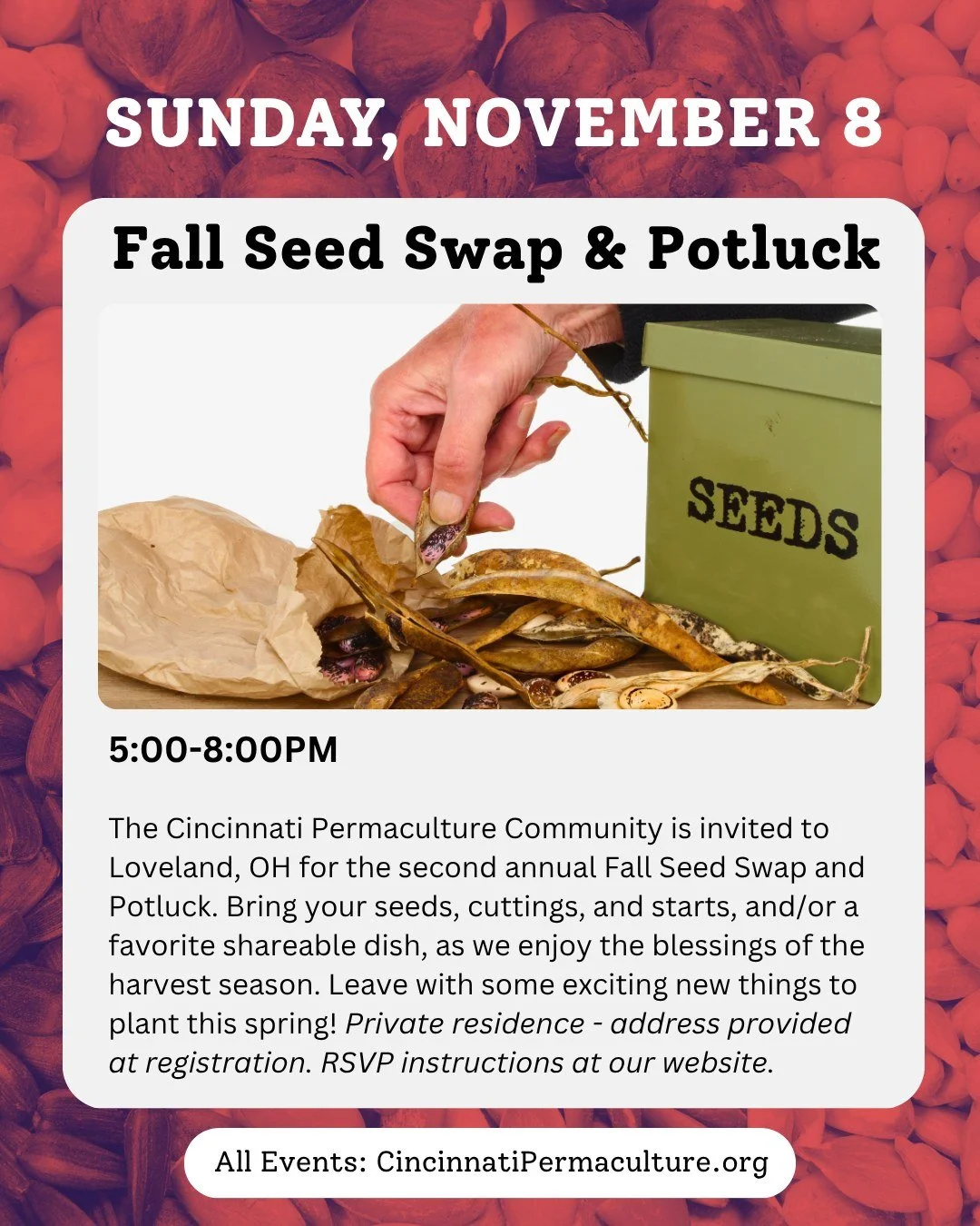 Coming up next month! Save your seeds and prepare some packets &amp; labels for our second annual fall seed swap, privately hosted by a CPI alum at her home in Loveland. Find RSVP details at our website. 
#permaculturecincy #seedswap