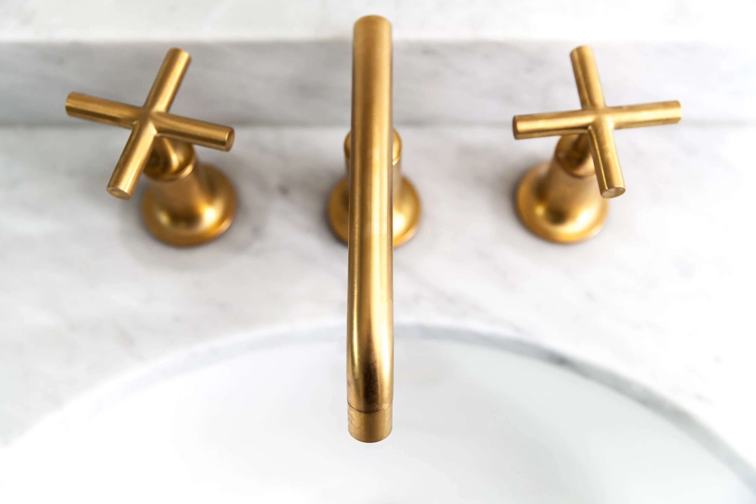 Luxury Farmhouse bathroom with gorgeous Kohler Purist Faucets. 