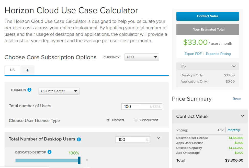 While not an exact quoting system, The Horizon Cloud Use Case Calculator is a great starting point on estimating the cost and capacity of your cloud VDI workloads.