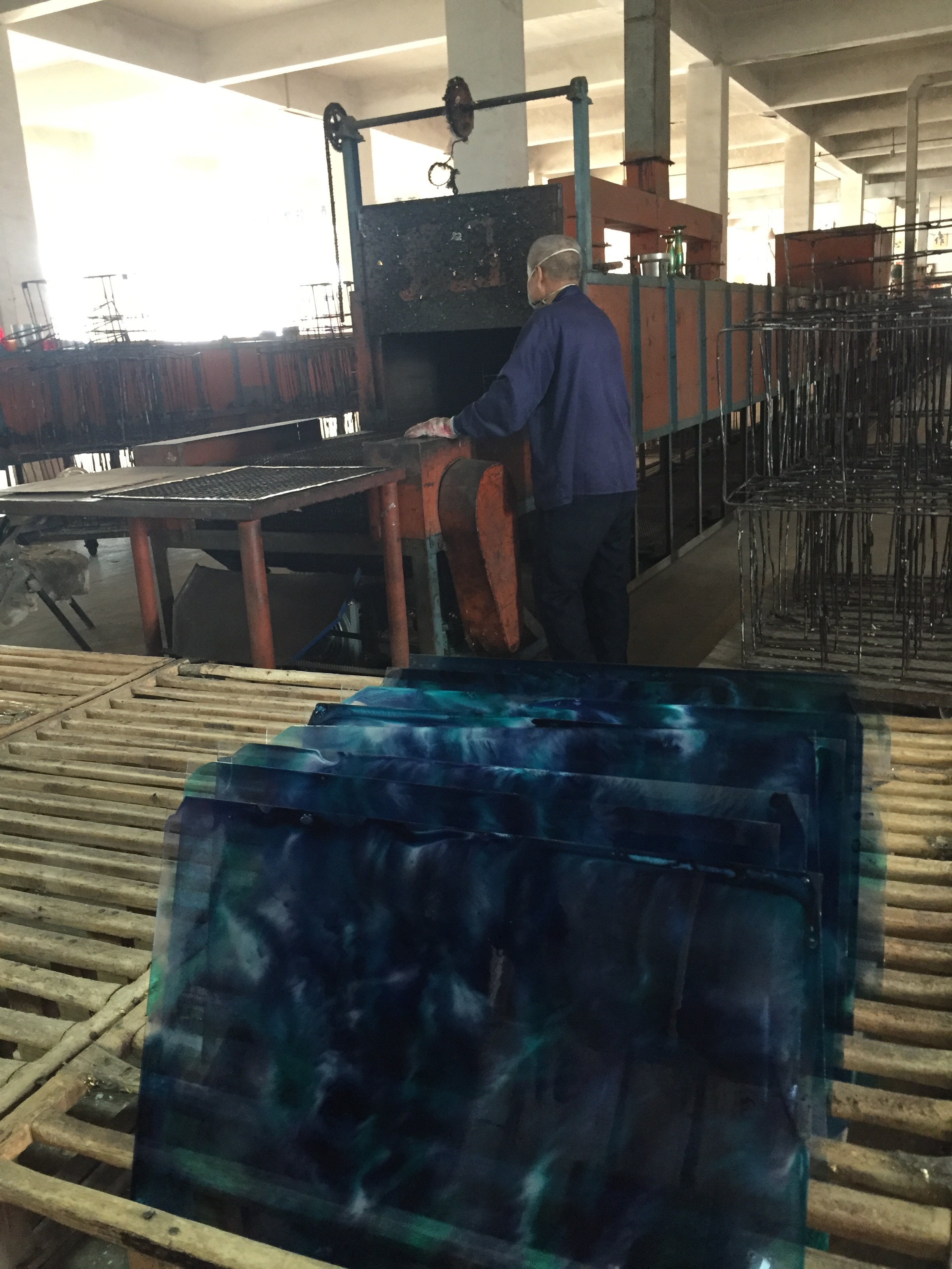 Colored and heat treated glass.