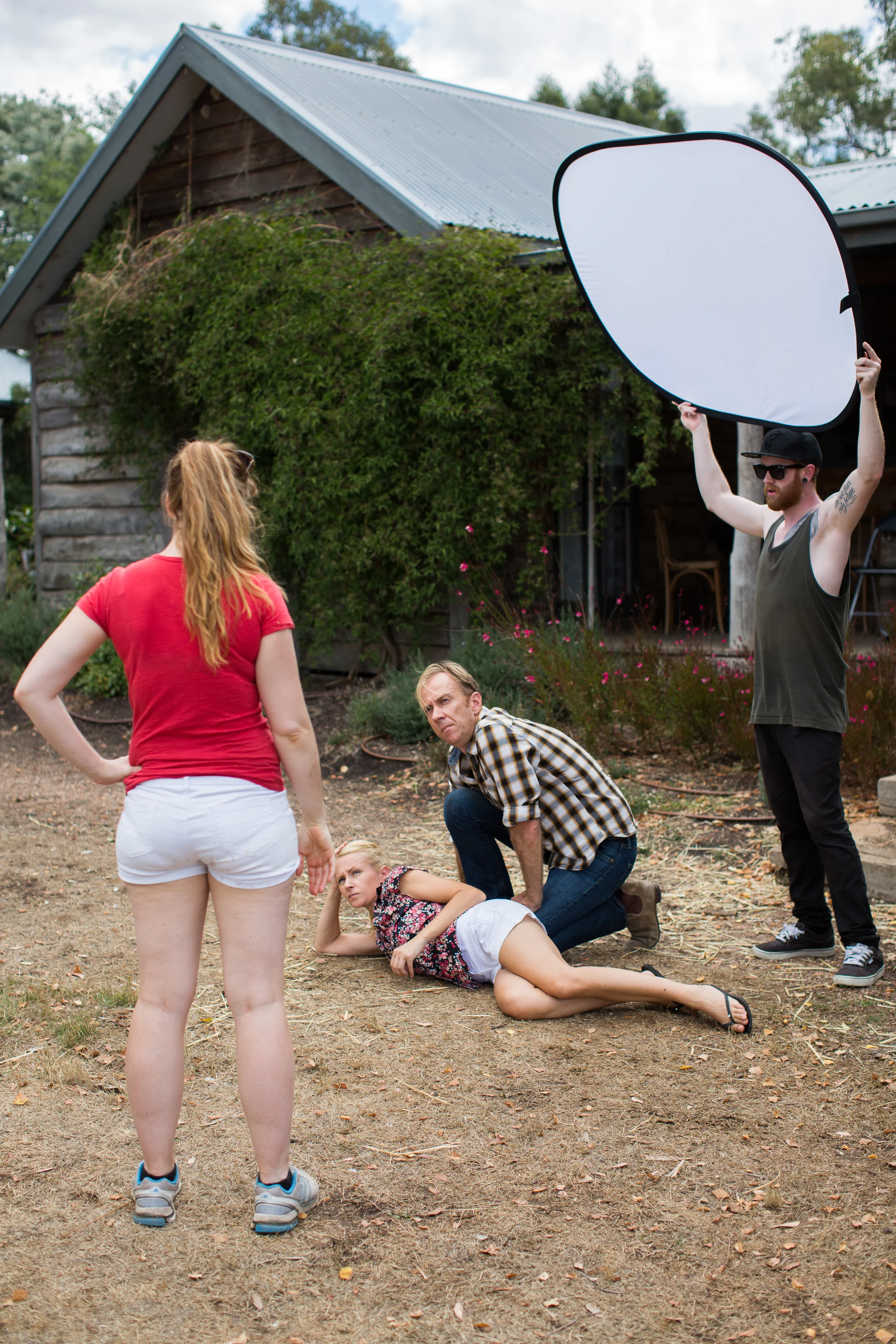 Director/Writer Dana Newell and cast blocking out a scene.