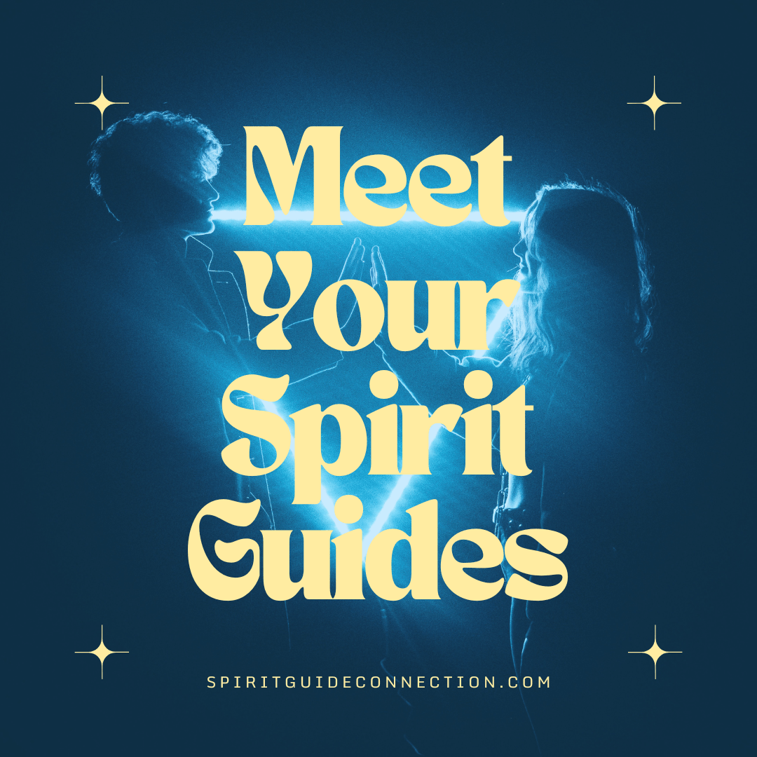 Two people stand face to face connecting with a neon triangle behind them text overlay meet your spirit guides
