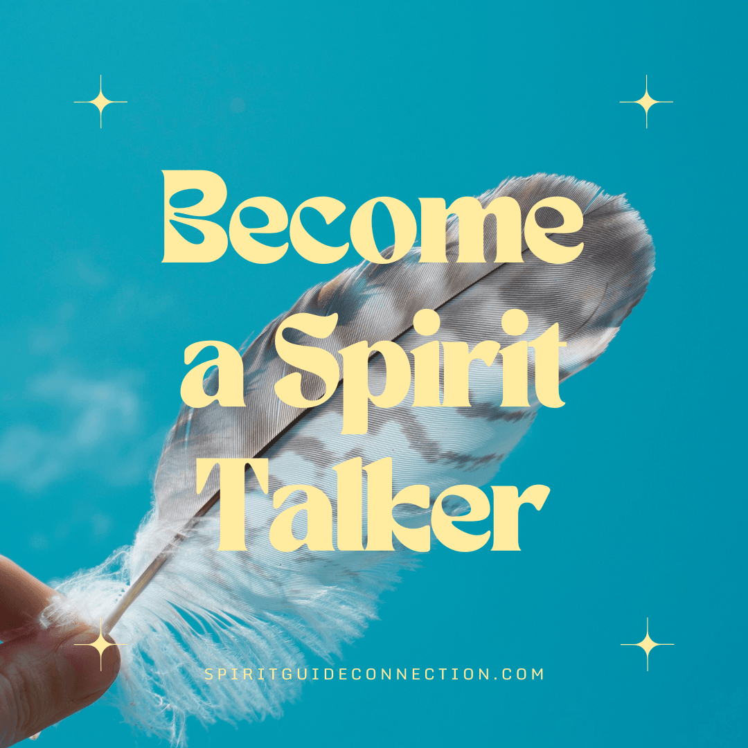A hand holds up a gray and white bird feather with text overlay Become a Spirit Talker