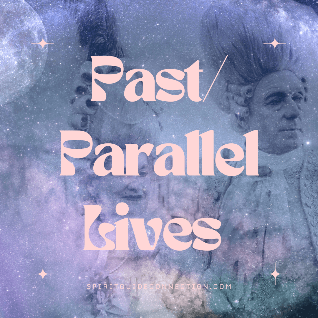 A man and woman dressed in 18th century clothing are imposed on a starry moon-filled sky with text overlay Past/Parallel Lives