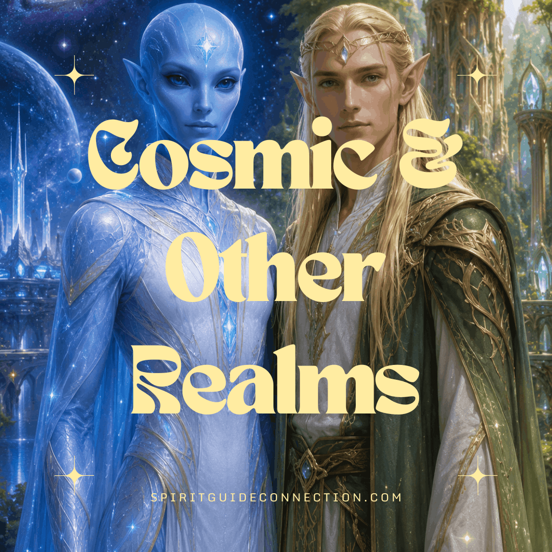 A male blond elven being and a female blue alien being stand side by side facing the viewer like friends with text overlay cosmic and other realms