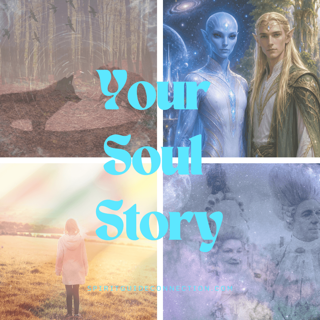 Four separate images representing past lives, in-between lives, animal lives, and cosmic and other realms lives with text overlay Your Soul Story