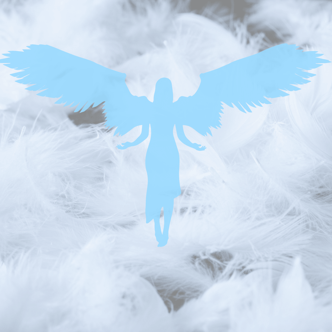 white feathers are the backdrop to the figure of an angel with wings outstretched