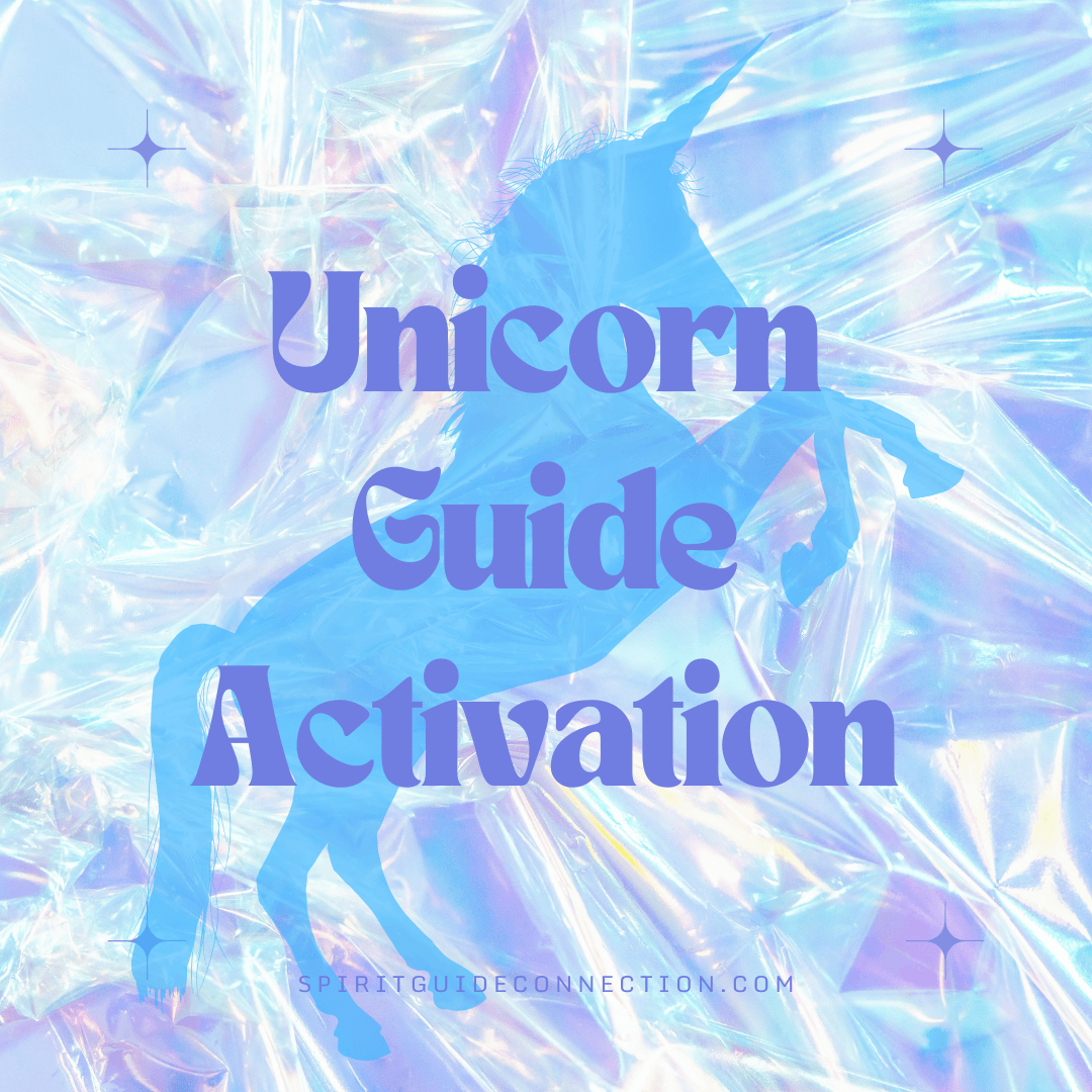 A blue unicorn overlayed on an iridescent background with text overlay unicorn guide activation