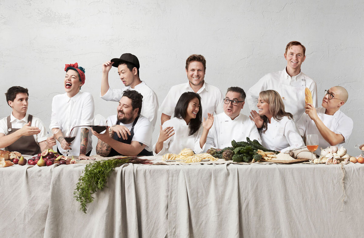  10 highly regarded Australian chef gather around a bountiful spread of produce to laugh and share stories. Image created for Harvey Norman’s Gourmet Institute Event Series in partnership with Gourmet Traveller magazine and includes Josh Niland, Shan