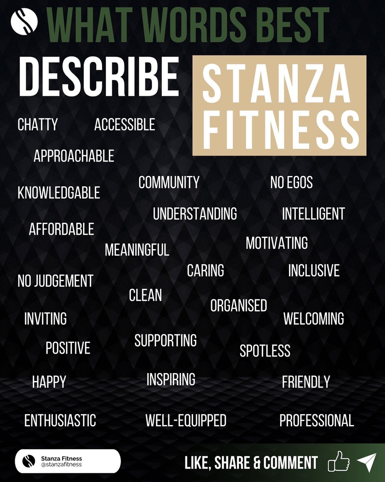 We asked, you answered...
-
Got any more to add? Comment, as we&rsquo;d love to hear!
-
This is what you can consistently expect when you are a client, a member or a visitor of Stanza Fitness.
-
#EveryoneGetsCoached
-
#TeamStanzaFitness