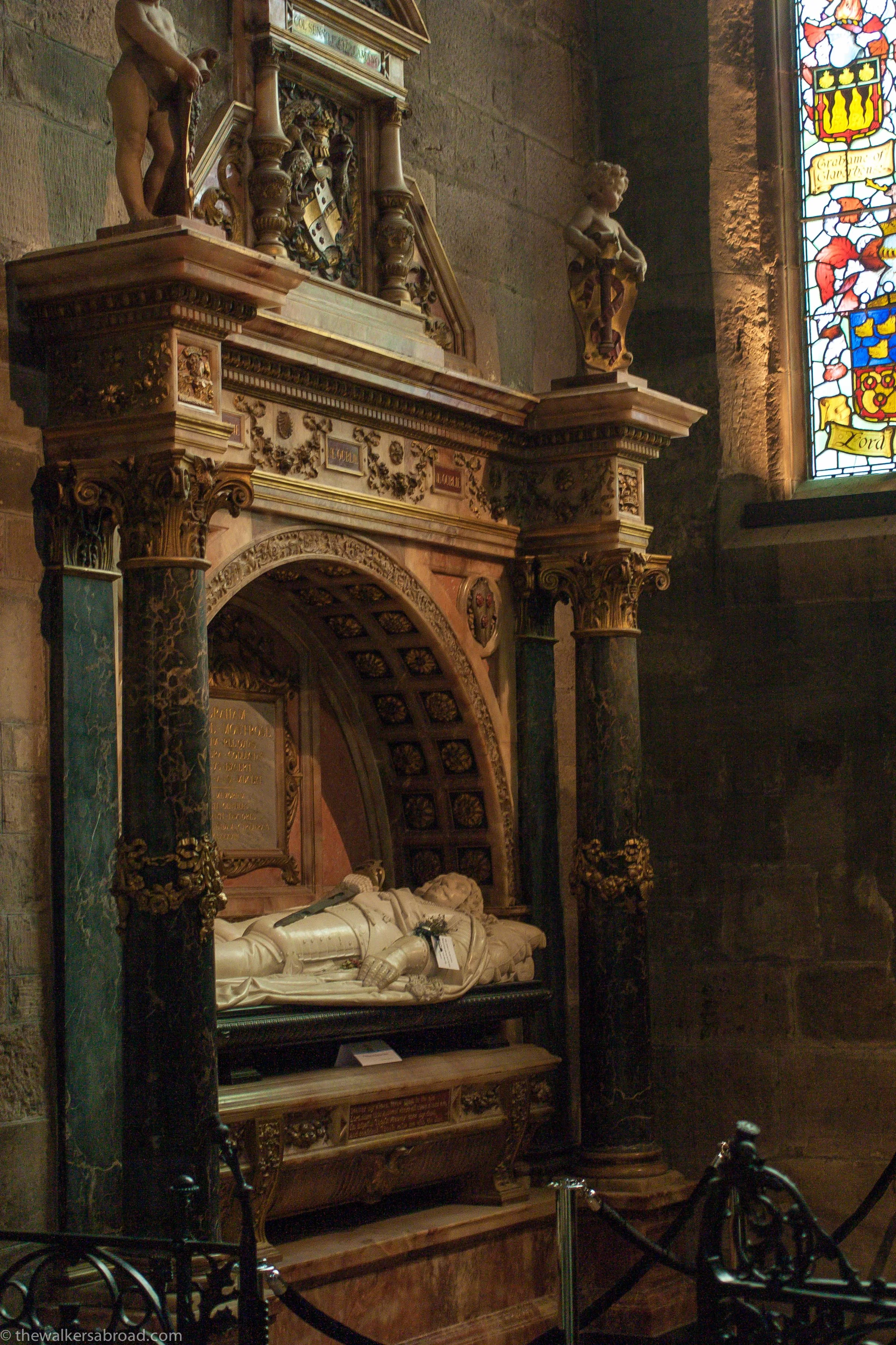 The body of James Graham, 1st Marquess of Montrose is buried here, after his execution for his stand with the Covenanters. His heart, which was taken from his body after he was drawn, quartered, and beheaded, became a family treasure until it was lost during the French Revolution. His sworn enemy,, Archibald Campbell, 1st Marquess of Argyll has a memorial directly across the church. 