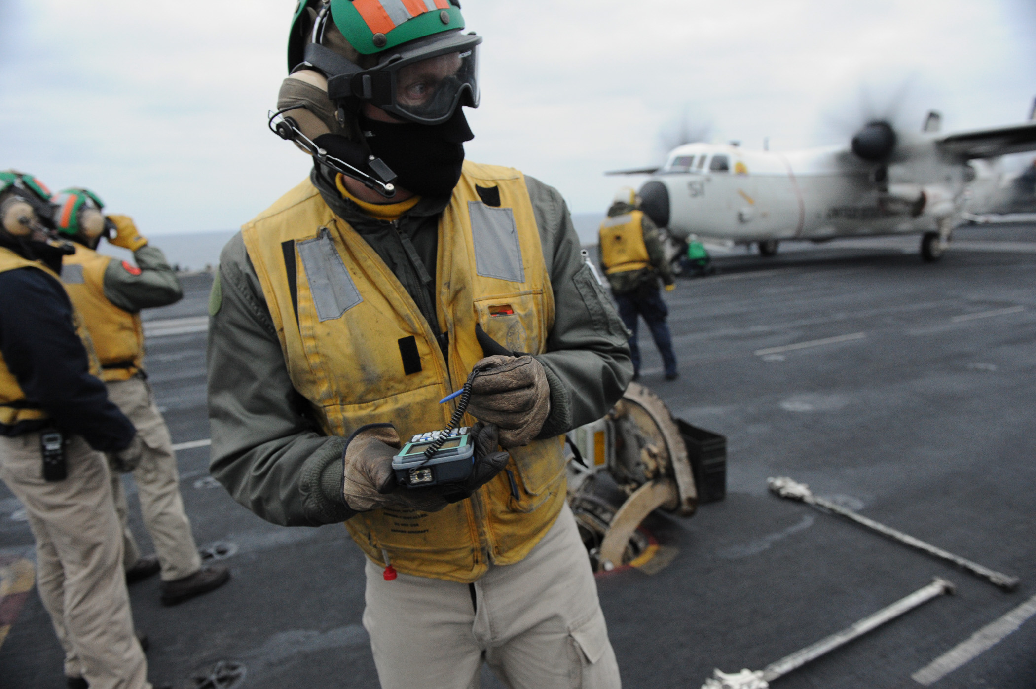    ATLANTIC OCEAN &nbsp;- Lt. Andrew Wiese evaluates a catapult capacity selector valve (CSV) calculator provided by the Office of Naval Research during flight operations aboard the aircraft carrier USS Harry S. Truman (CVN 75). The CSV calculator is