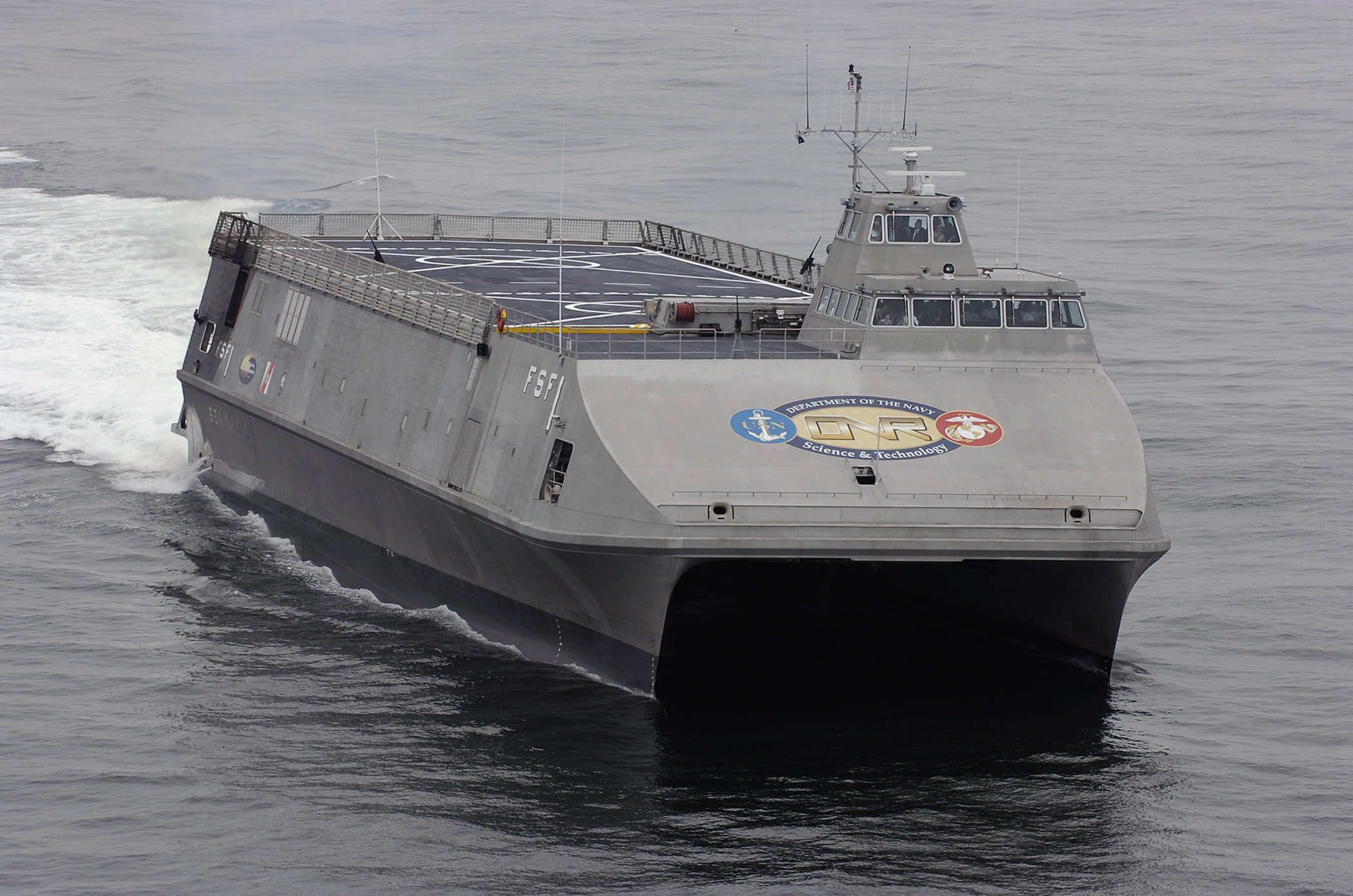   SAN DIEGO, Calif.  - The U.S. Navy's Littoral Surface Craft-Experimental (X-Craft), developed by the Office of Naval Research and christened Sea Fighter (FSF-1), arrives at her new homeport of San Diego, Calif. This high-speed aluminum catamaran wi