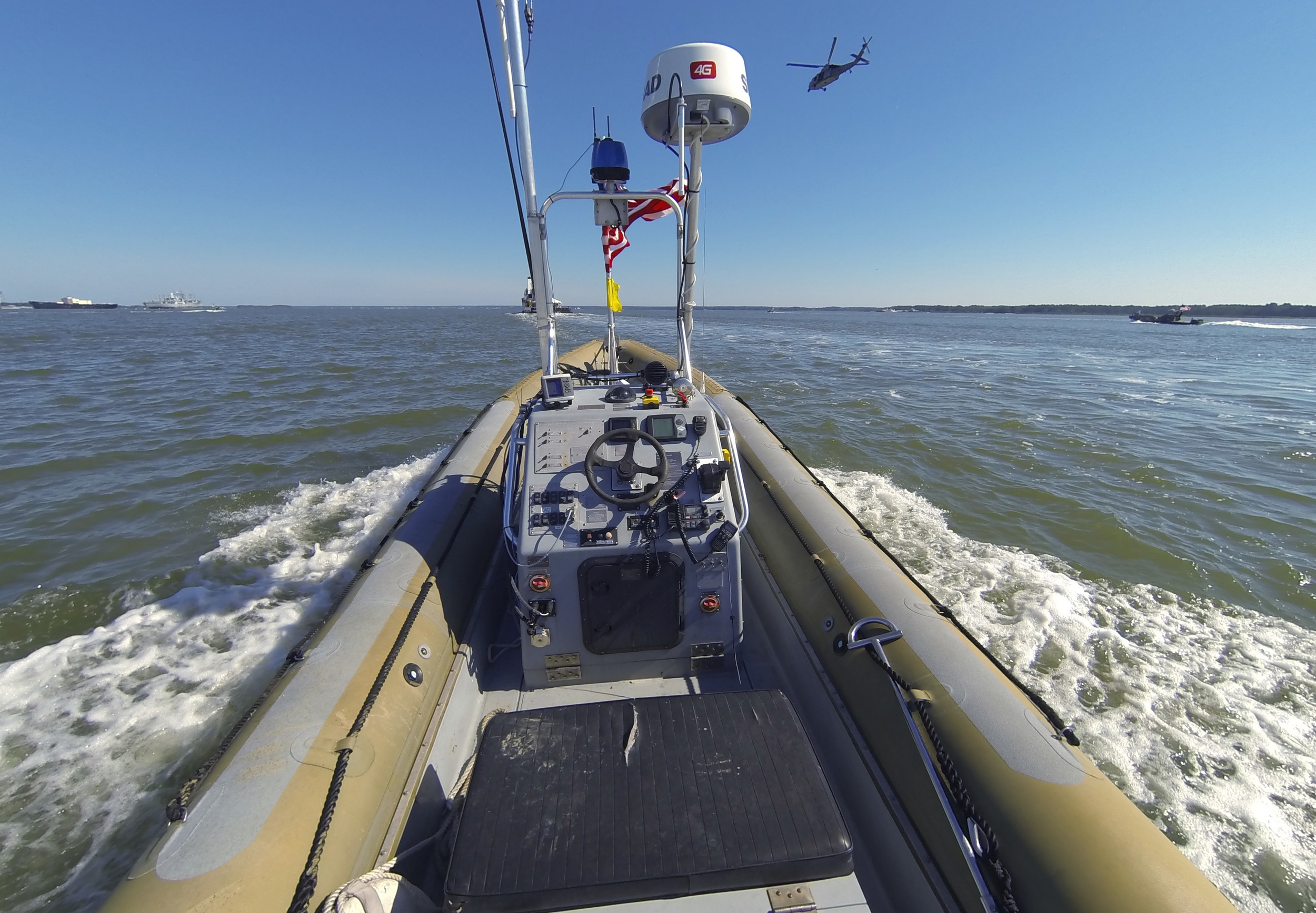   NEWPORT NEWS, Va.  - An unmanned seven meter rigid hulled inflatable boat (RHIB) operates autonomously during an Office of Naval Research (ONR)-sponsored demonstration of swarmboat technology held on the James River in Newport News, Va. 