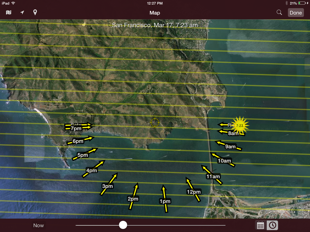 Screen shot from my iPad of the SunSeeker App showing my location and sun direction on the morning of March 17, 2015, as I was attempting to photograph the sunrise. One of the nice things about this App is that you can pick a day and time in the future so that there are no surprises, except for maybe rain and fog.