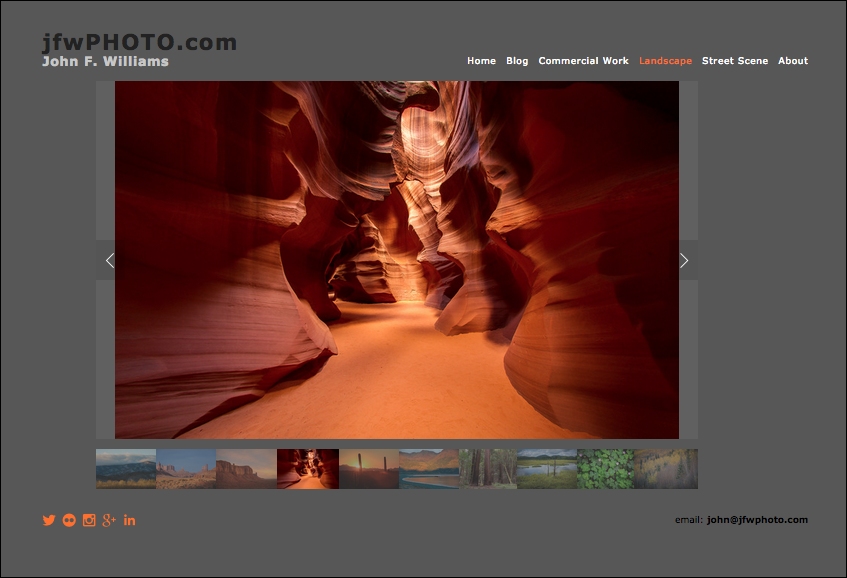 Landscape gallery page using slideshow with Show Thumbnails and Show Next and Previous Controls selected. I'm still trying out various gallery styles.