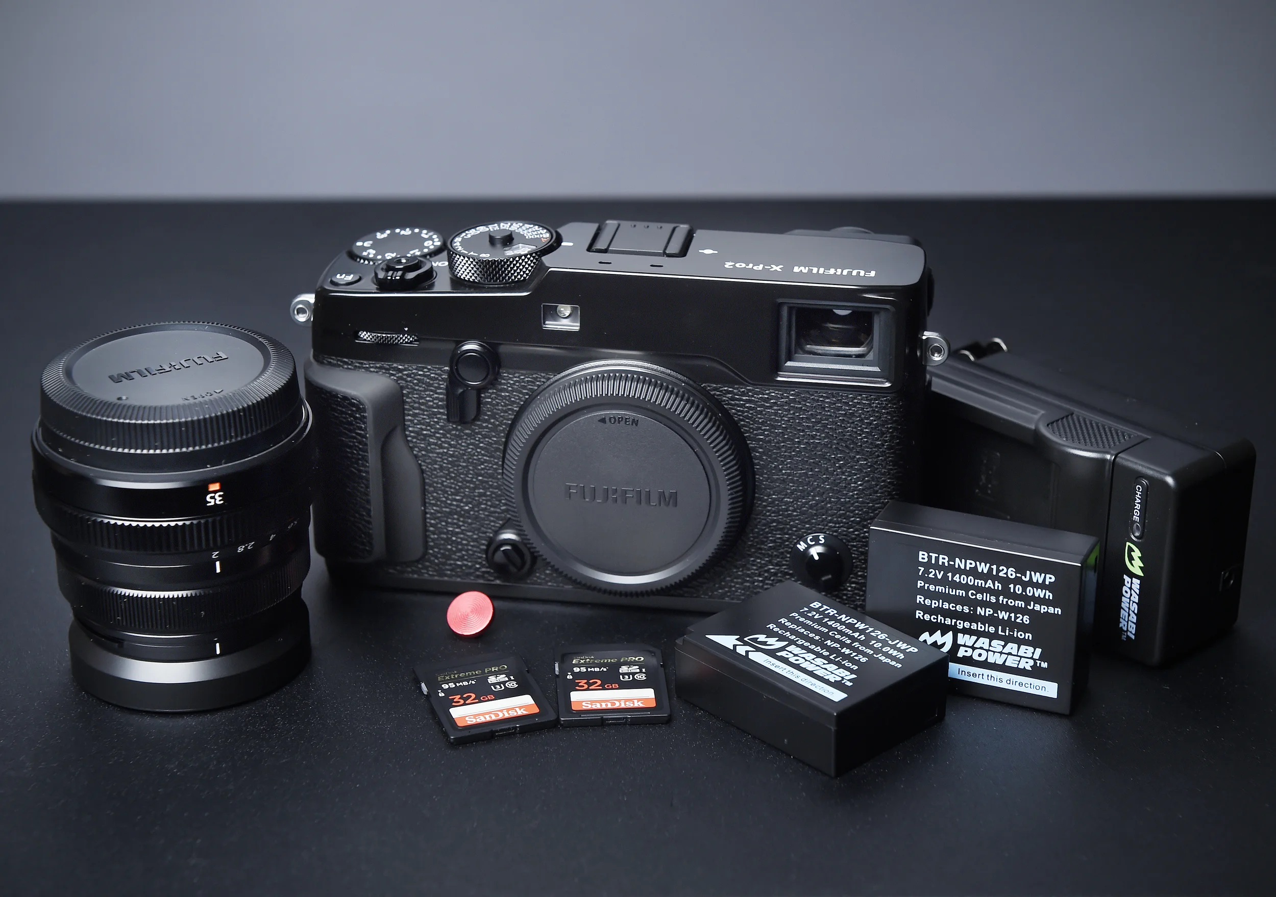 Fuji Xpro2 with XF 35 f2.0 lens, two SD cards, extra batteries and a soft shutter release button. Details and links appear at the end of this post*.