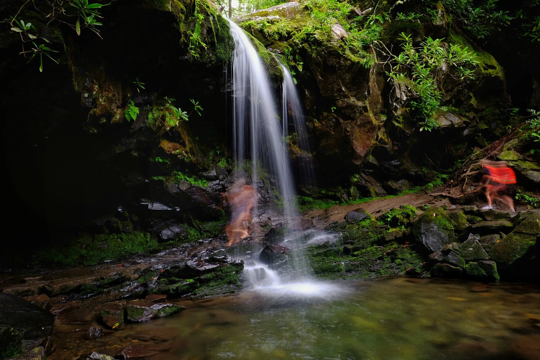 You will need patience if you hope to capture a waterfall without people. Or you could embrace it and use people to add a splash of color and additional movement in the frame. Grotto Falls is a 2.6 mile out and back hike located outside Gatlinburg, Tenn., in the Great Smoky Mountains. Fuji X-Pro2 with 16MM. 