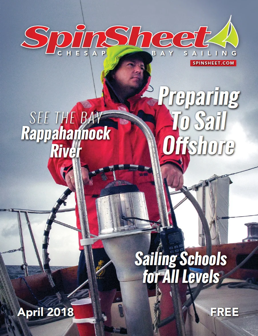 April 2018 edition of SpinSheet magazine featuring my photograph of Mark at the helm of Valient.