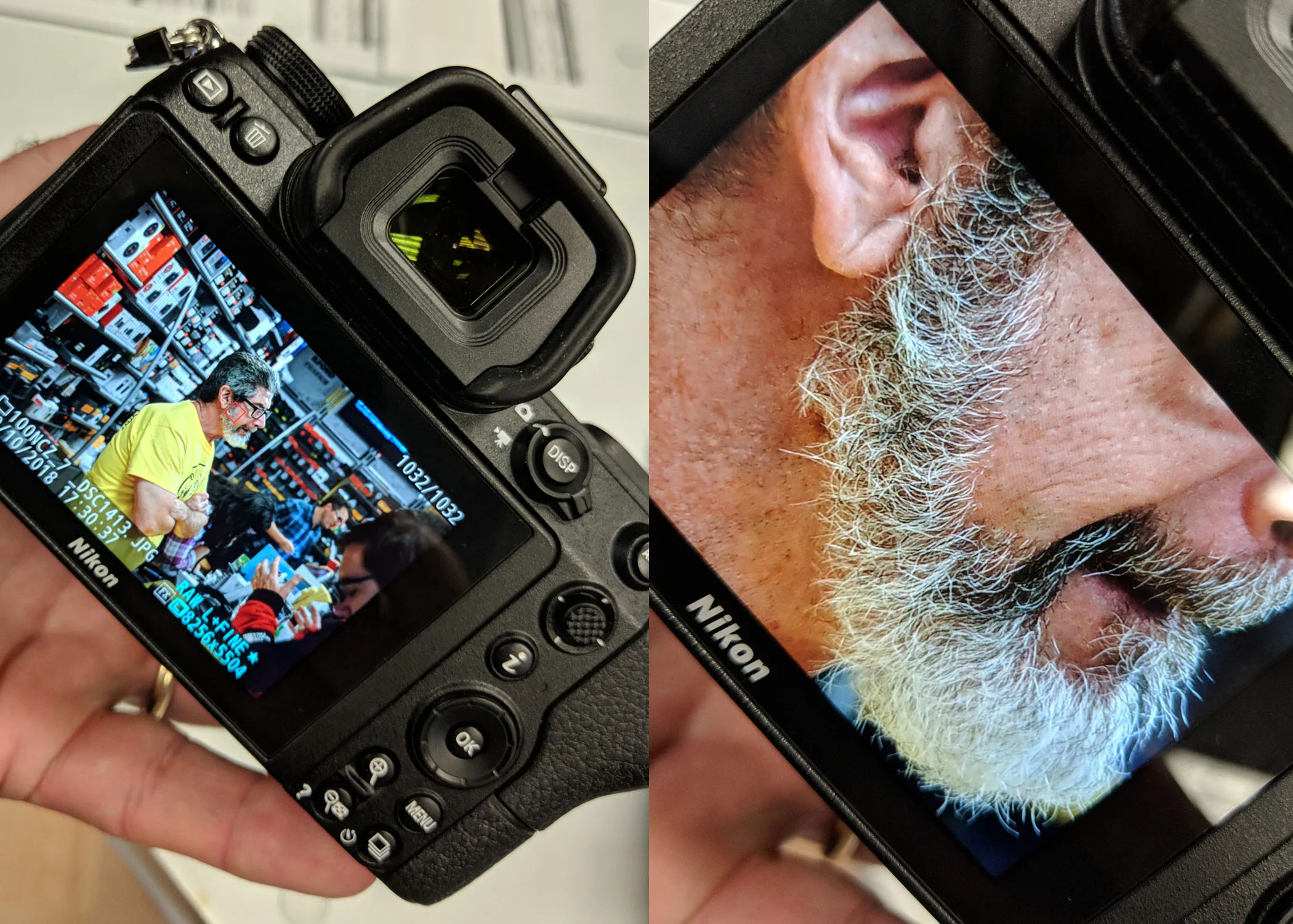 I was not able to use my own XQD card or take any images with me to process, so I used my phone to photograph the display, left, and then I double-tapped the screen to zoom in.