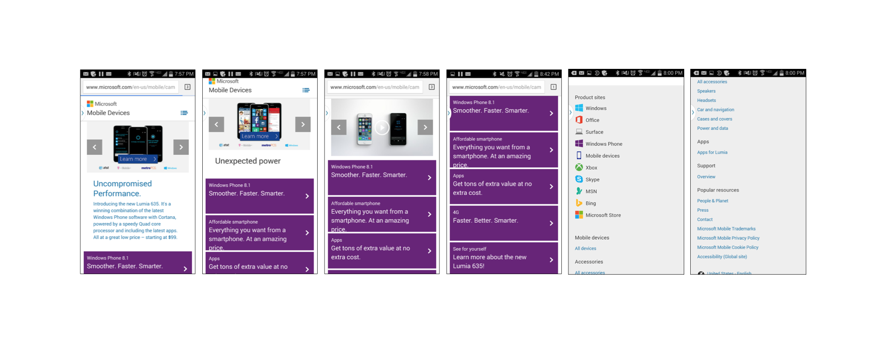 ( click to enlarge ) - Reduce vertical length of homepage - Reduce # carousel images and make each image more unique/relevant - Revise subpage options to showcase key themes aligned with banner messaging (e.g. Cortana, OneDrive) - Improve video positioning and simplify viewing experience for ease of video HQEs (move video to 3rd carousel position, reduce video length to max :15) - Add Product Compare as a clear subpage option (purple box)