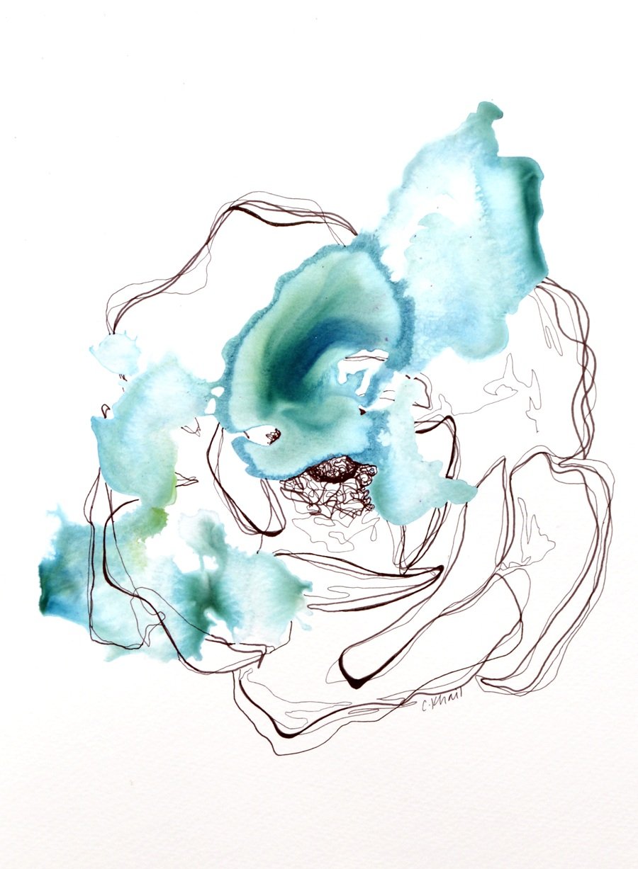 Courtney Khail - "Dreams In Color : Aqua" - original watercolor and ink painting -Southern Artist