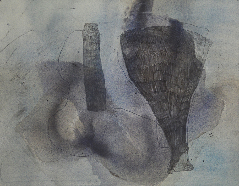 River Drawing 02 | Gouache, pencil, river water, found charcoal and river sediment on paper | 24 x 18 " | 2015