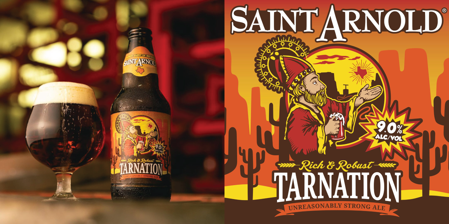 Tarnation's label evokes the heart of the Southwest desert, mirroring the ale's rich, robust character. The fiery red-yellow gradient symbolizes the beer's intense flavor profile, while the towering buttes and resilient cacti convey its strength and