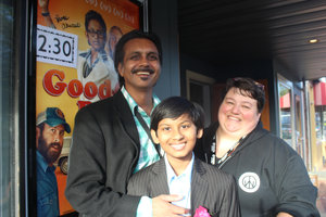Anjul Nigam and Roni Akurati , stars of GROWING UP SMITH (then titled GOOD OL' BOY ), at the 2015 Woodstock Film Festival with longtime Woodstock Film Festival venue manager Charlene Boswell.