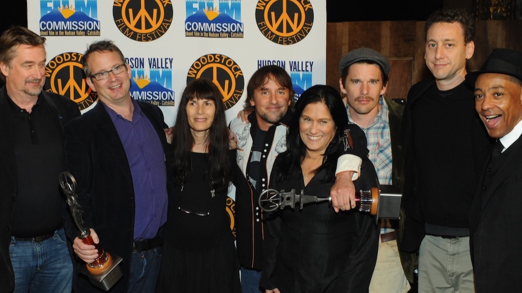 Honorary Maverick Award recipient Richard Linklater with Geoff Gilmore, Ted Hope, Meira Blaustein, Barbara Kopple, Ethan Hawke, John Sloss, Giancarlo Esposito at the 2009 Woodstock Film Festival.