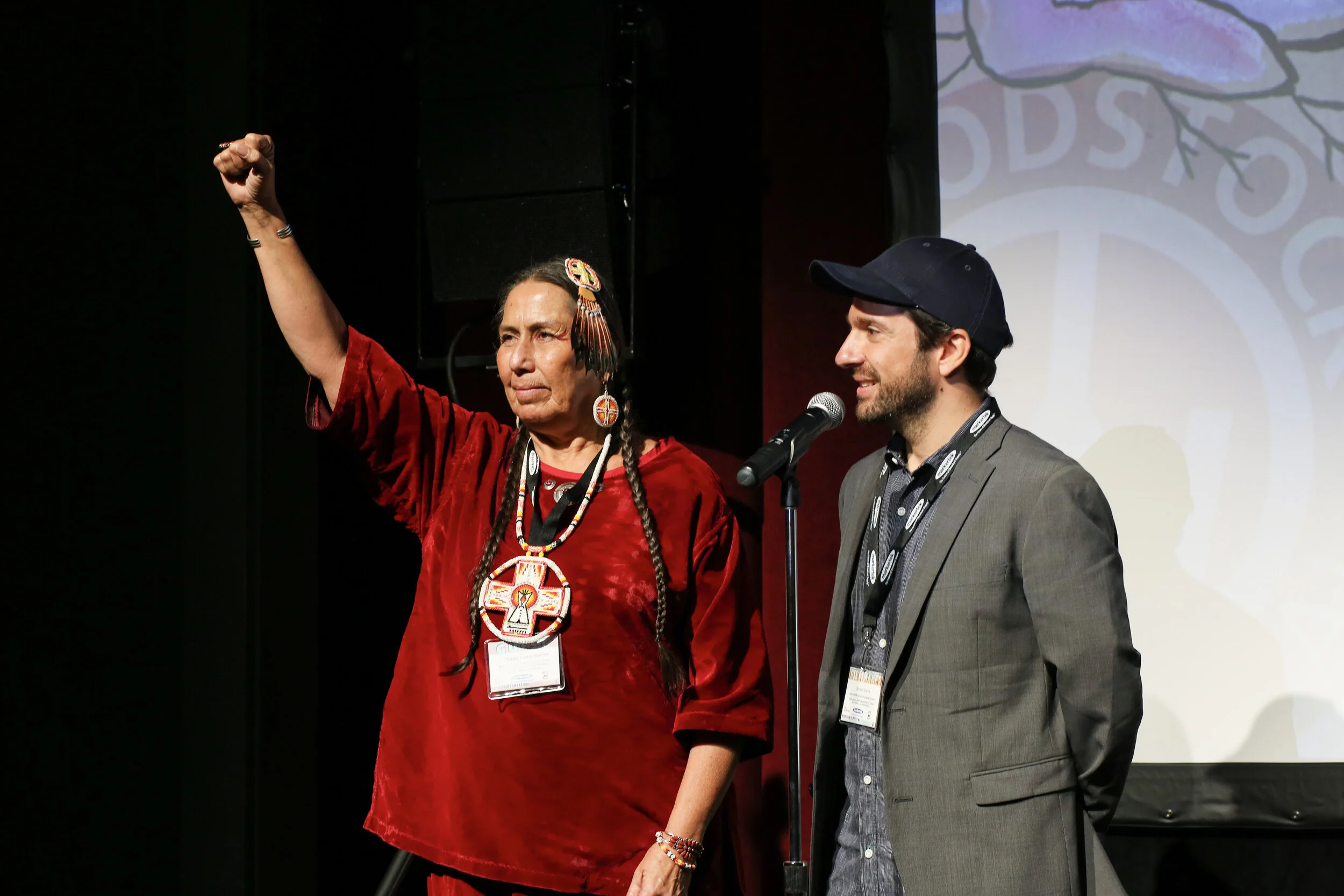 Casey Camp-Horniek (left) and Director Clement Guerra (right) during the Q&A for The Condor and the Eagle.