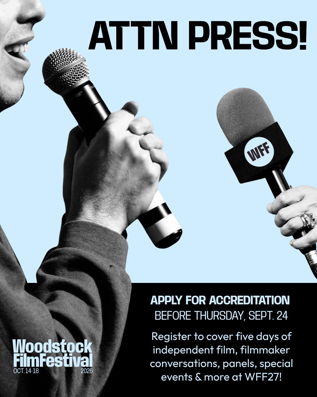 Our press accreditation for the 27th Annual Woodstock Film Festival is still open 🗞️ Members of the media are invited to apply for credentials to cover five days of independent film, filmmaker conversations, panels, special events, and more across W