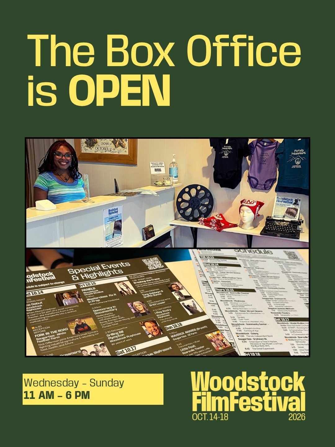Stop by anytime Wednesday through Sunday from 11 AM &ndash; 6 PM and meet our wonderful Box Office Manager, Courtney, who'll be glad to help you purchase tickets to our upcoming festival and answer any questions you might have!

📍 13 Rock City Road 