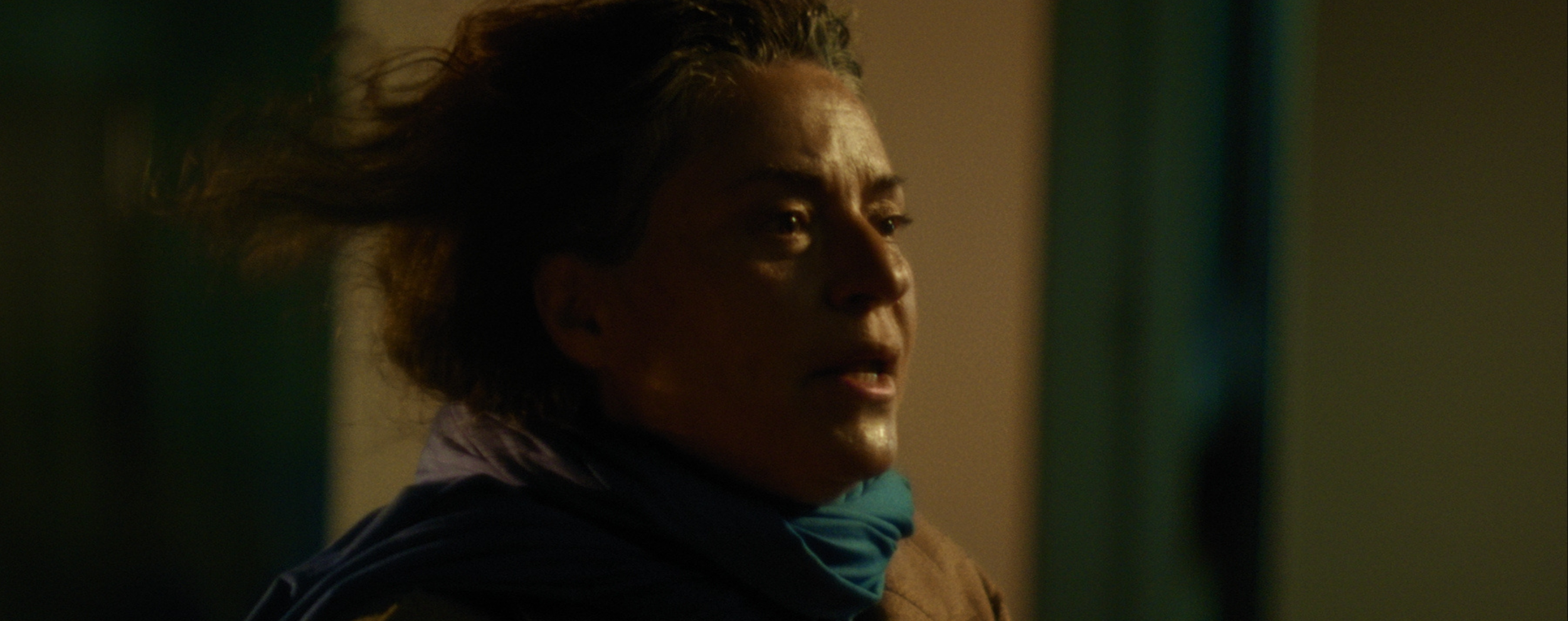 A woman with wavy hair looking to her right in a dimly lit environment.