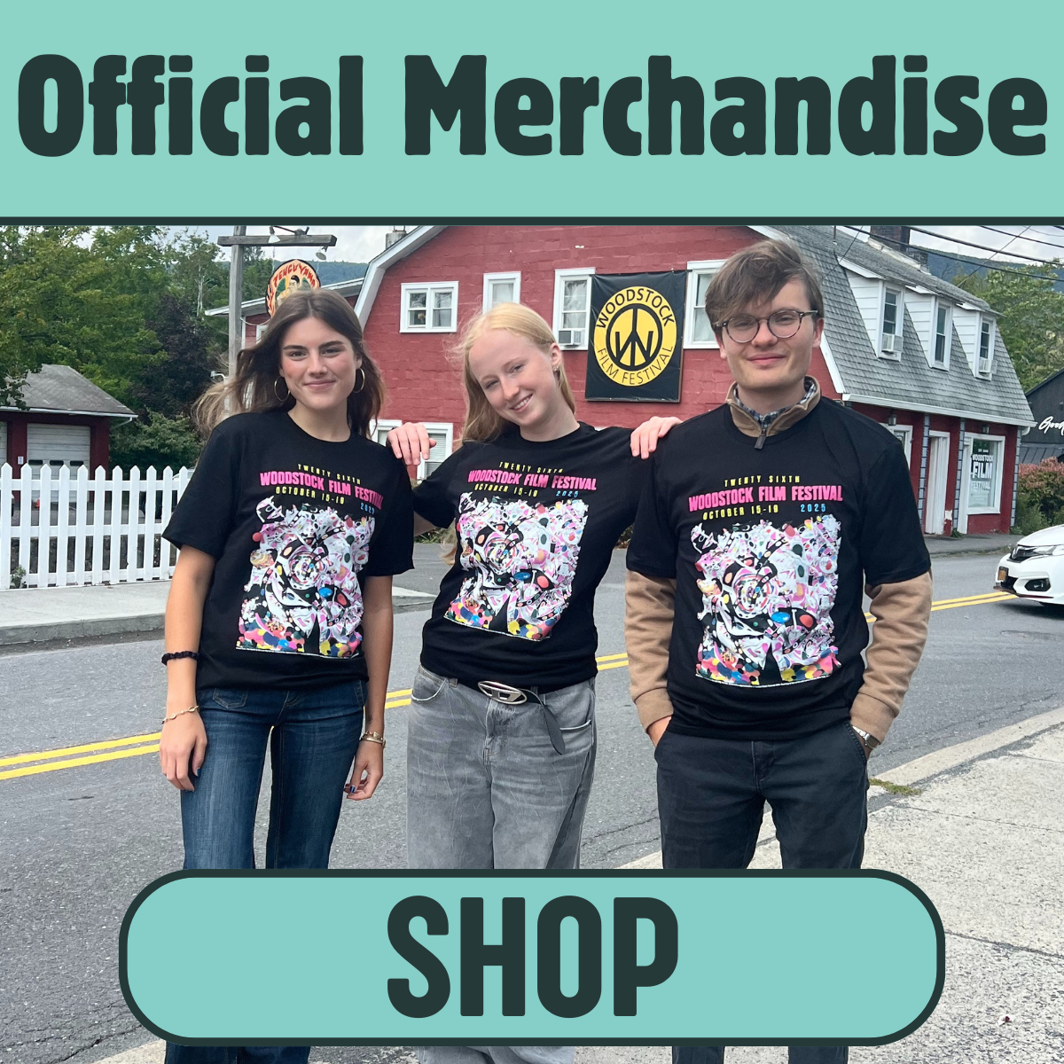 Three young people standing together on a street wearing matching 'Woodstock Film Festival' t-shirts during the festival in October 2021.