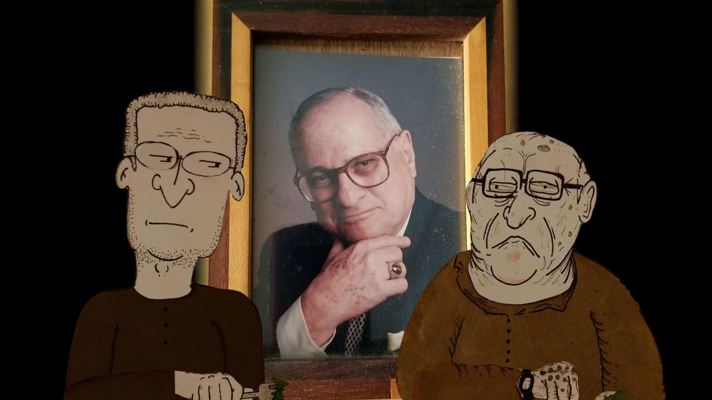 Drawing of two men with glasses sitting in front of a framed photograph of a man with glasses, who has his hand resting on his chin.